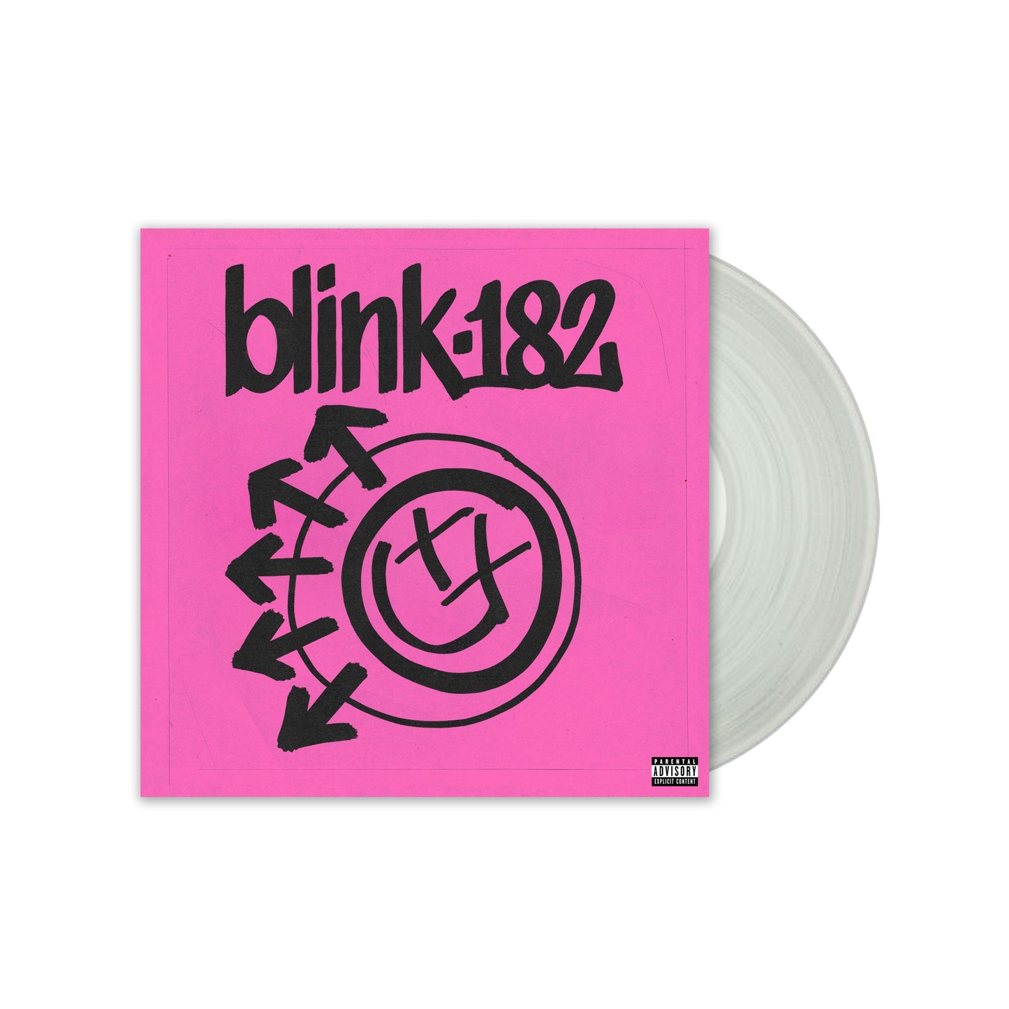 Blink-182 album cover with pink background and black logo.