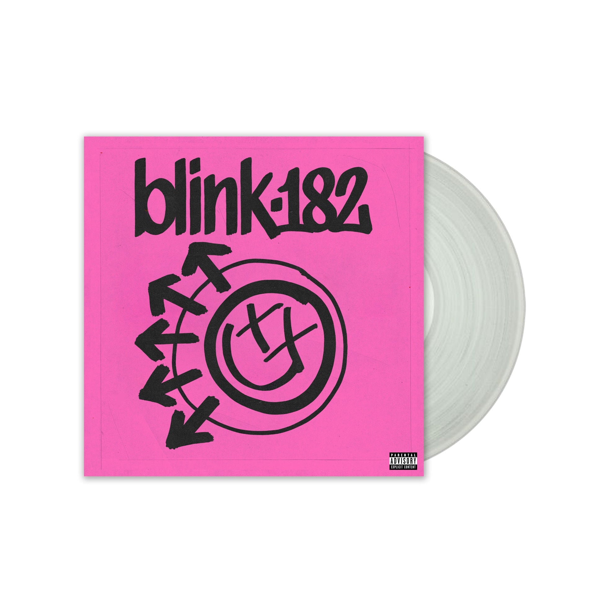 Blink-182 album cover with pink background and black logo.