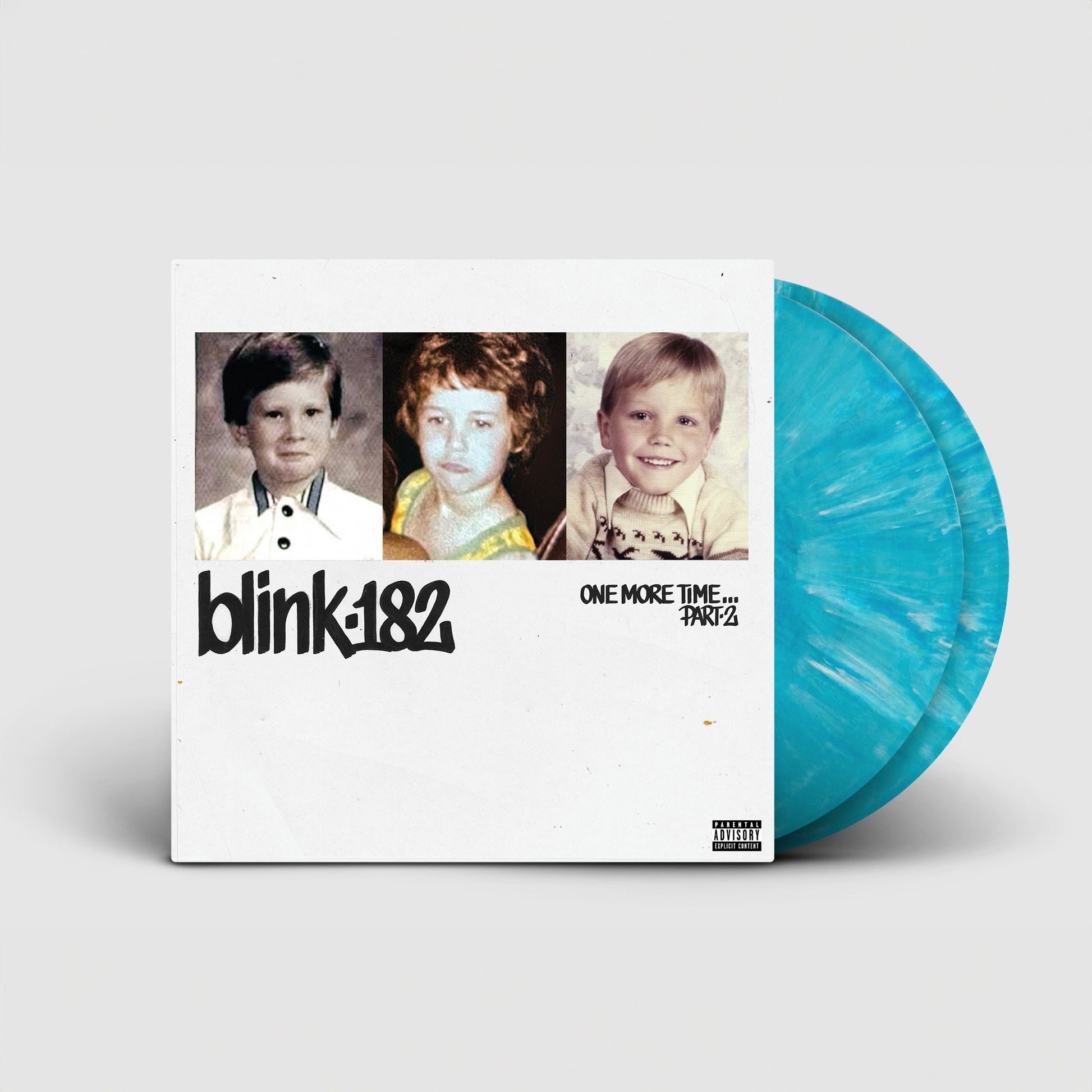 Blink-182 album cover with childhood photos and a blue vinyl record.