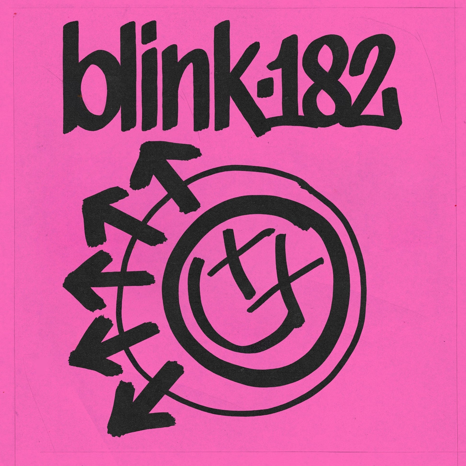 Blink-182 album cover with pink background and black logo.