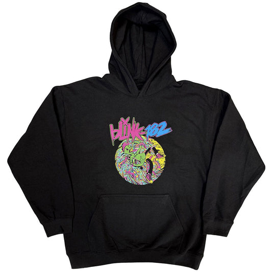 Dark gray hoodie with Blink-182’s “Overboard” event graphic, size large.