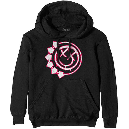 Black hoodie with a pink and white six-arrow smiley graphic.
