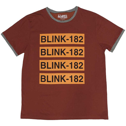 Maroon ringer t-shirt with repeated "BLINK-182" logo in gold.