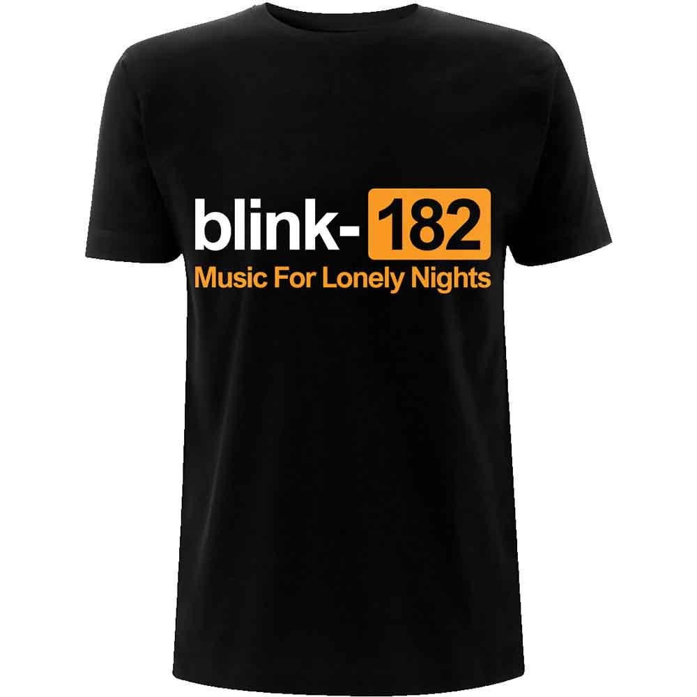 Man wearing a black Blink-182 t-shirt with yellow and red logo.