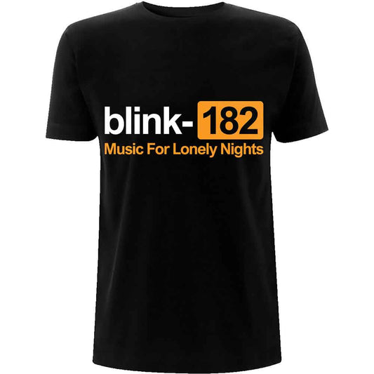 Man wearing a black Blink-182 t-shirt with yellow and red logo.