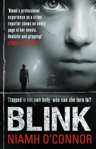 Book cover: close-up of an eye, woman on a foggy road.