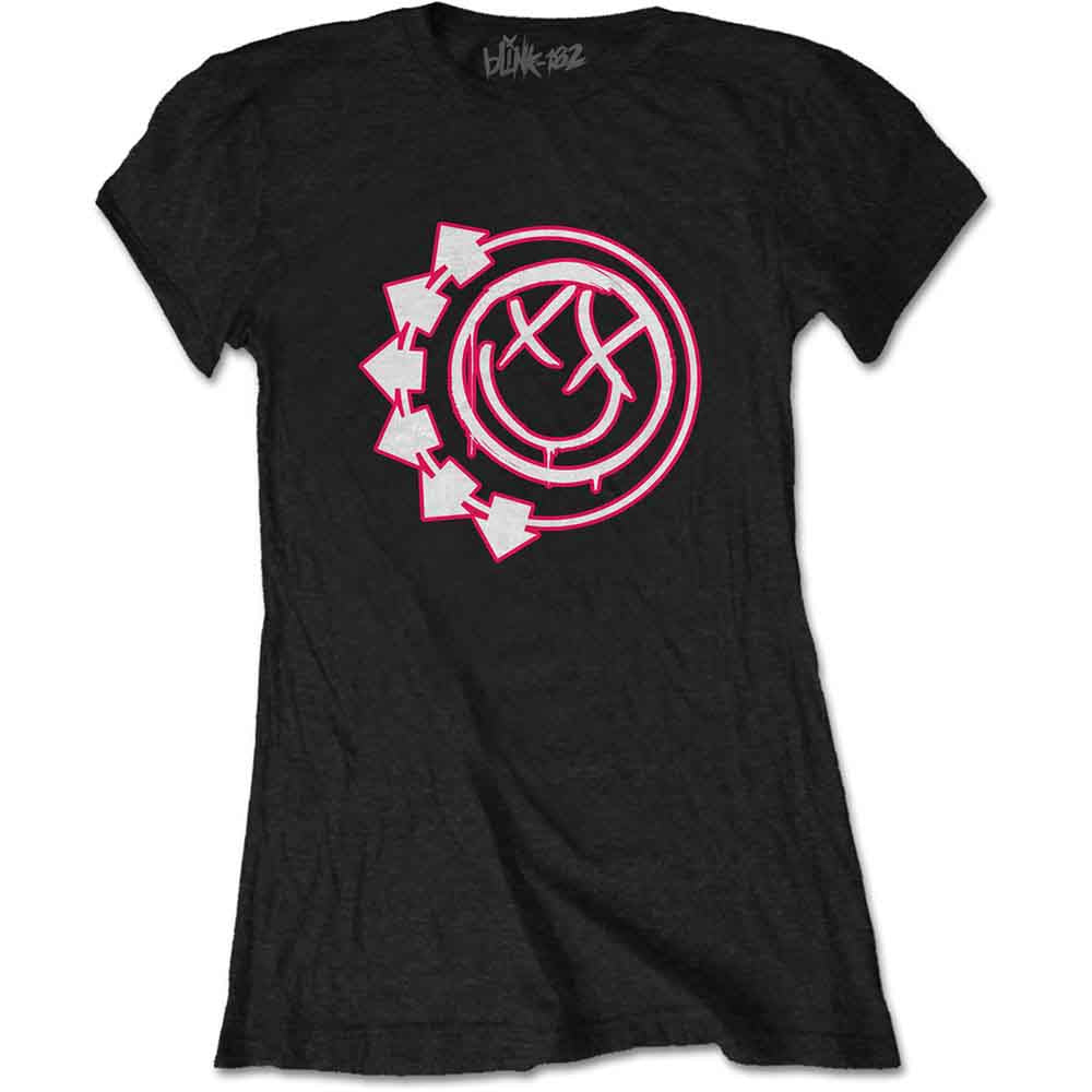 Black Blink-182 ladies t-shirt with pink and white six-arrow smiley design.