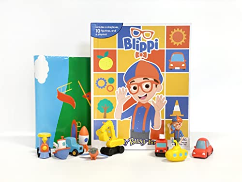 Blippi" busy book with toys, featuring a smiling character and construction vehicles.