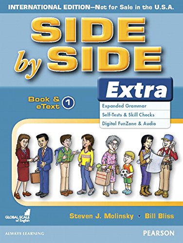 Textbook cover titled Side by Side Extra 1 featuring illustrated people on blue background.