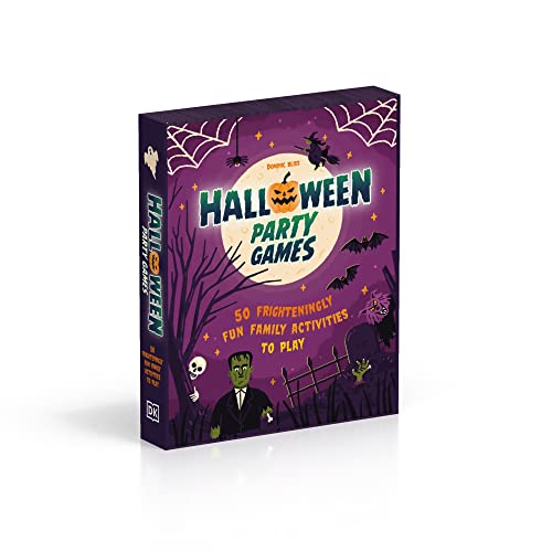 Halloween party games book cover with spooky illustrations and purple spine.