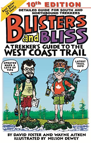 Book cover: "Blisters and Bliss," a West Coast Trail trekking guide with cartoon hikers.