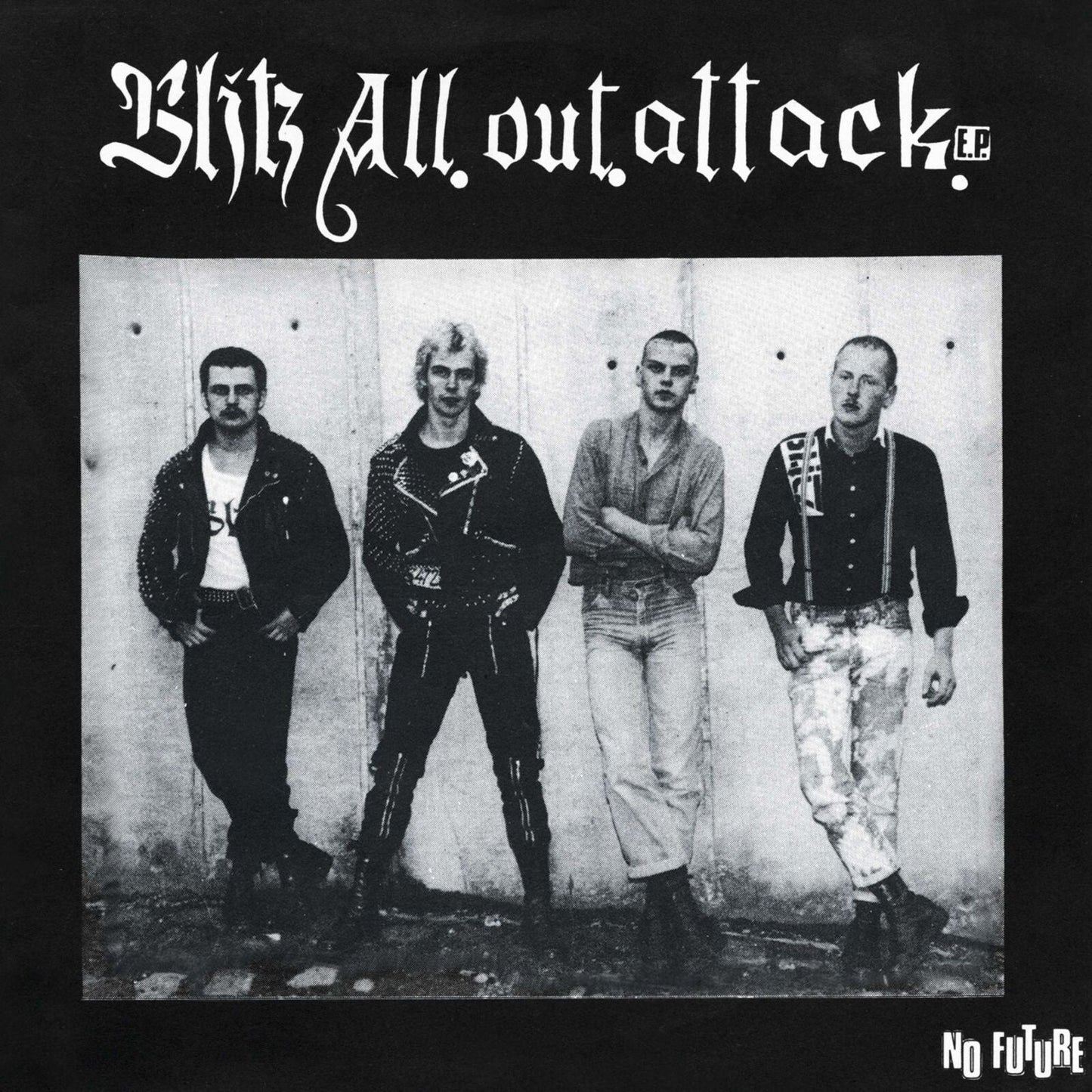 Black and white vinyl record cover featuring four young men in punk attire.