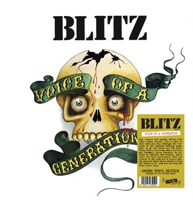 Album cover: skull with cracked face and green ribbon, white background.