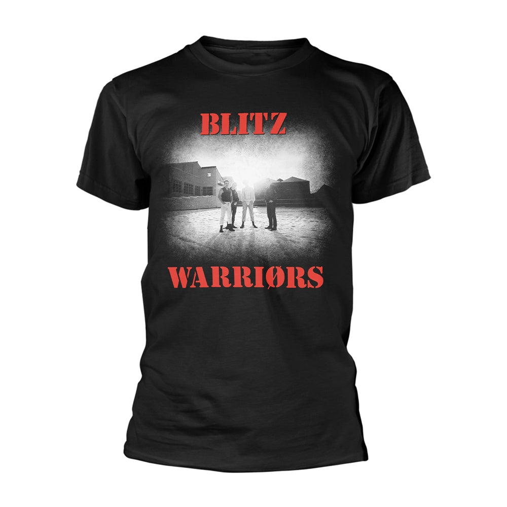 Black t-shirt with "Blitz Warriors" band logo graphic print.