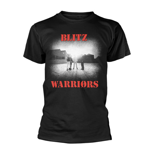 Black t-shirt with "Blitz Warriors" band logo graphic print.