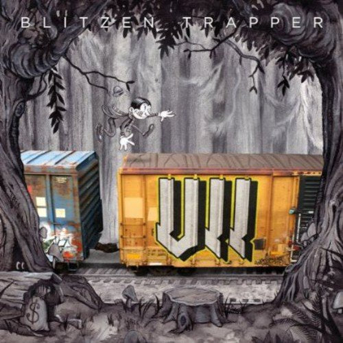 "Album cover art featuring a cartoon man jumping over train cars in a forest."