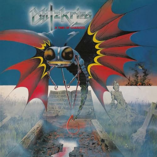 Album cover: robotic insect with red wings over a ruined landscape.