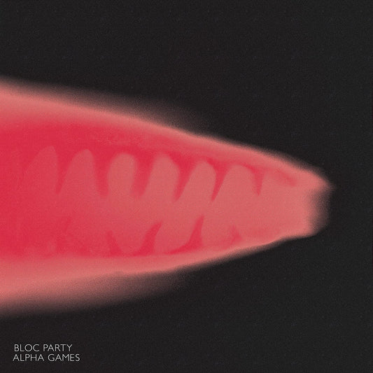 "Album cover with a red, blurry mouth on a black background, 'Bloc Party Alpha Games' text."