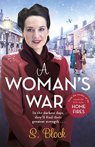 Book cover: woman in red coat, wartime street scene, airplane above.