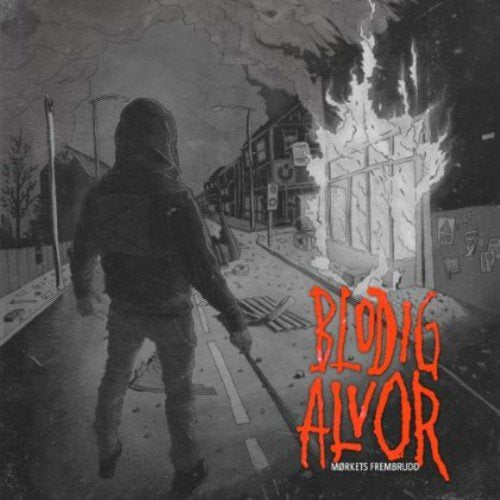 Hooded figure walking towards a burning building in a desolate street.