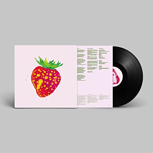 Blonde Redhead vinyl record with strawberry artwork and tracklist visible.