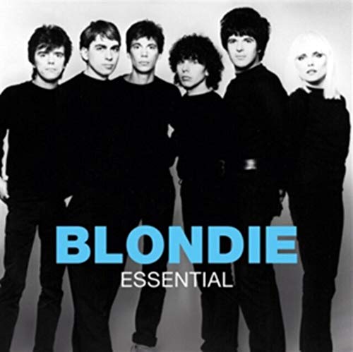 Black and white photo of the band Blondie with blue text overlay.