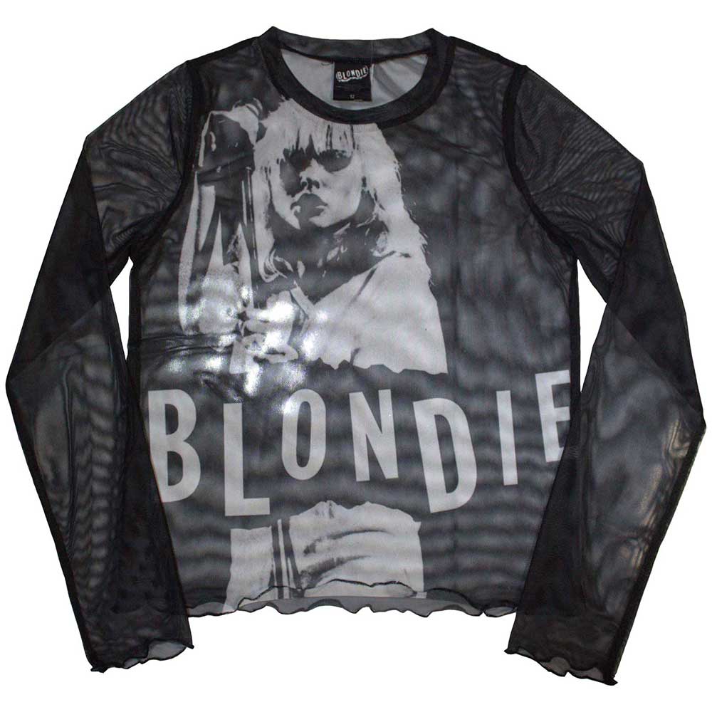 Long sleeve blonde t-shirt with mesh mic stand graphic, size small.