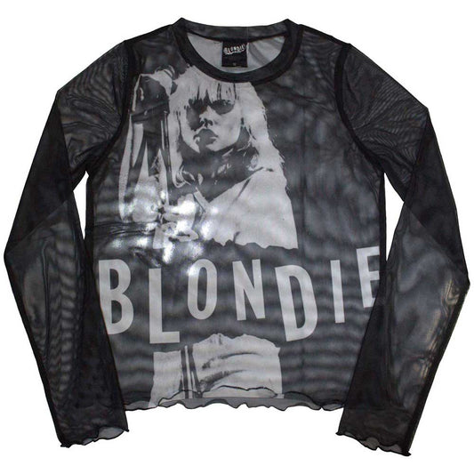 Long sleeve blonde t-shirt with mesh mic stand graphic, size small.