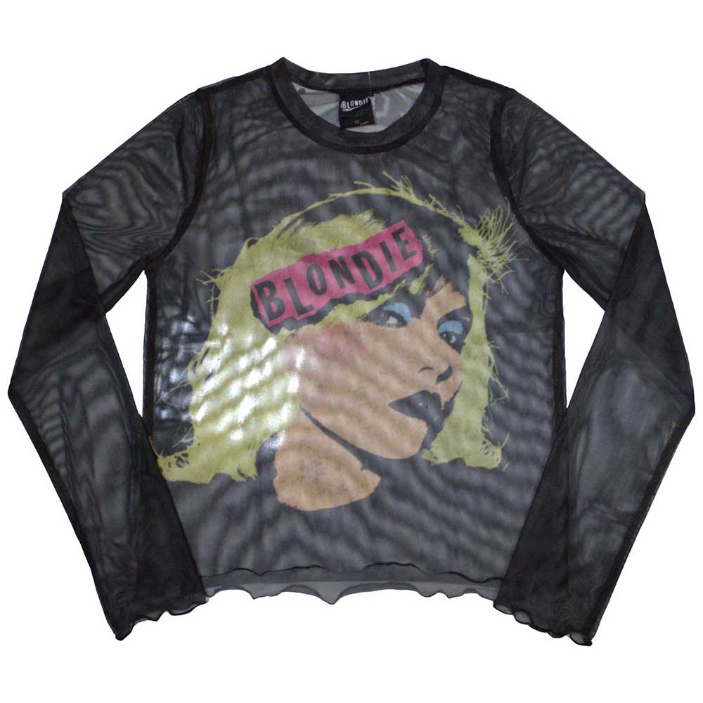 Long sleeve women's t-shirt, black with a punk-style Blondie poster design, mesh panels.