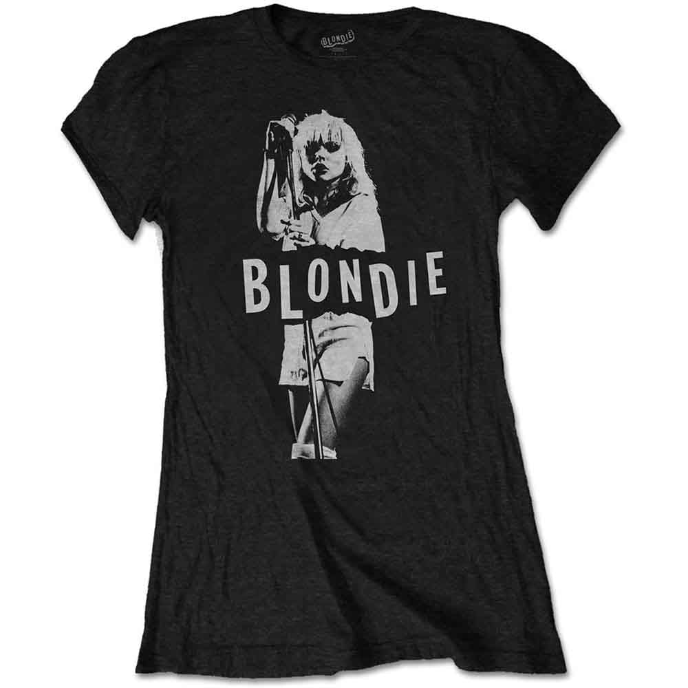 Ladies' blonde graphic tee, microphone stand design, extra-large size.