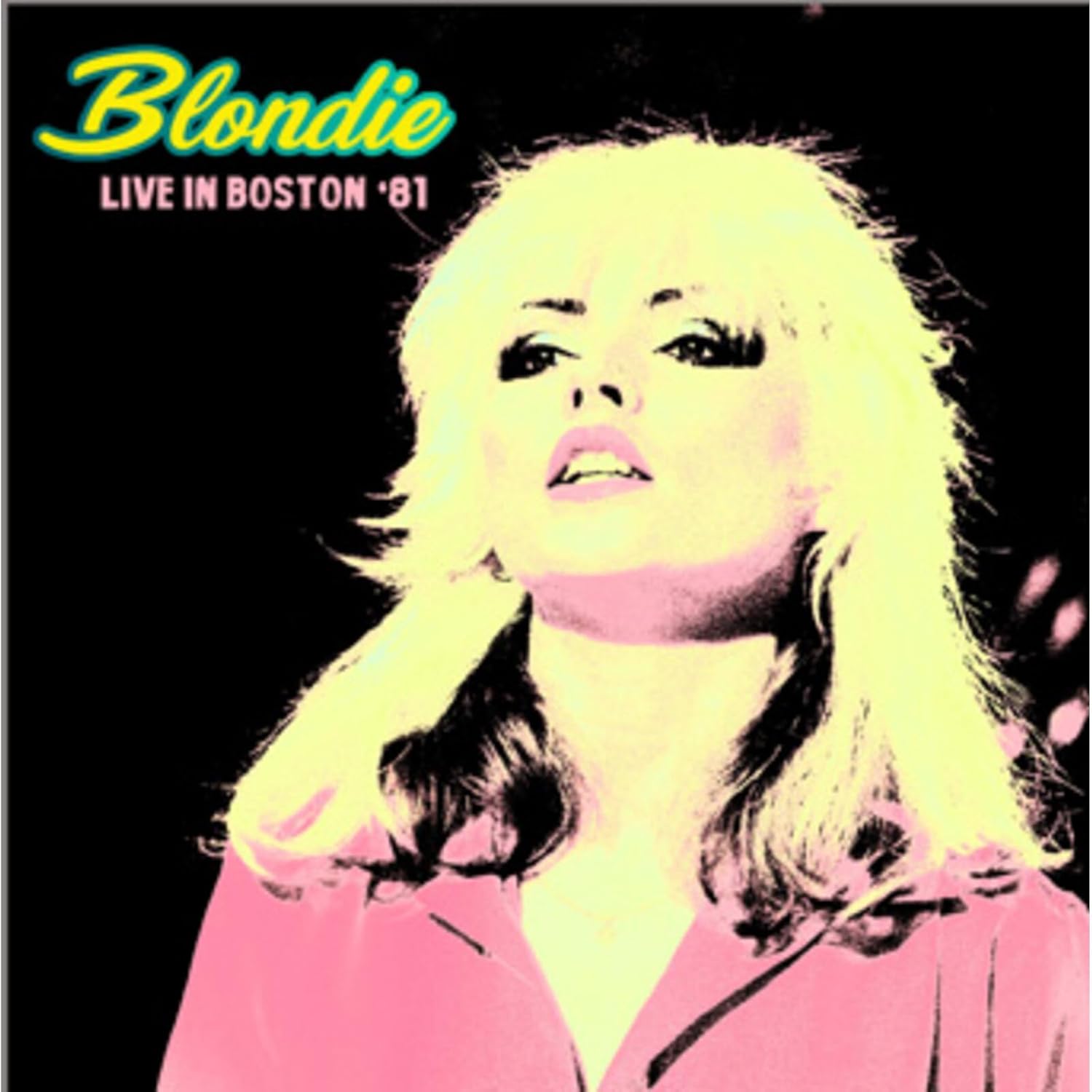Blondie album cover, Debbie Harry portrait with pink and black background.