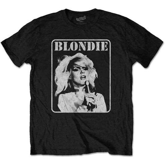 Black t-shirt with a distressed graphic of Debbie Harry singing.