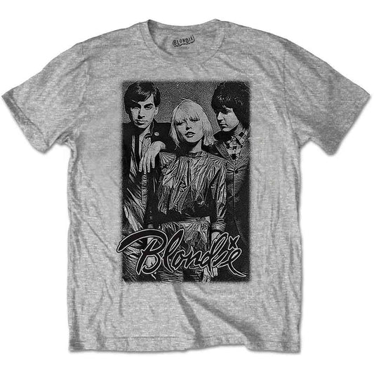 Grey t-shirt with a black and white graphic of the band Blondie.