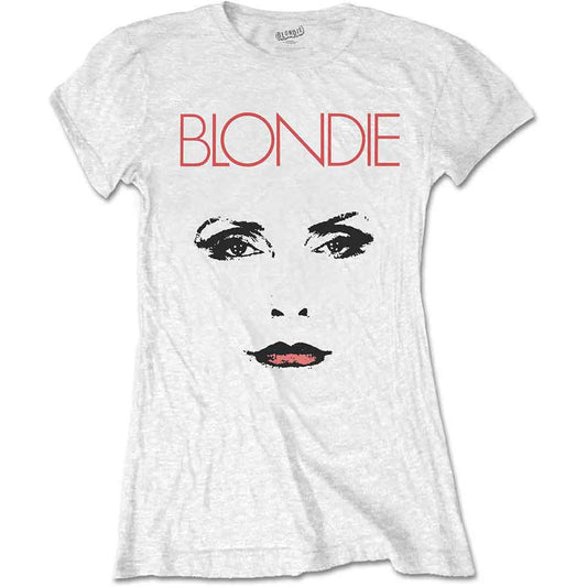 White t-shirt with "BLONDIE" text and a graphic of a woman’s face.