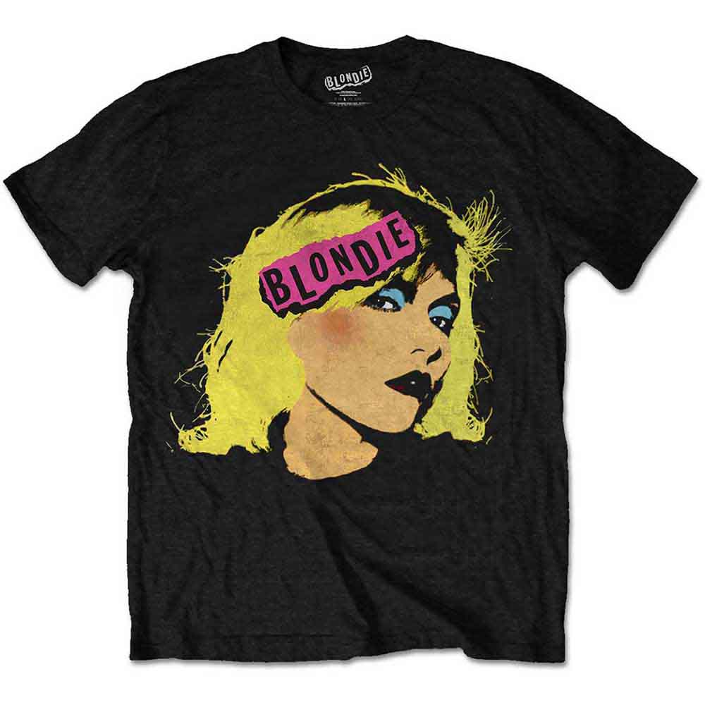 Black t-shirt with a Blondie graphic of a woman’s face in pink and yellow.