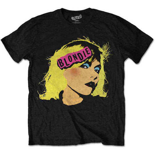 Black t-shirt with a Blondie graphic of a woman’s face in pink and yellow.