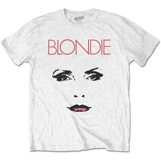 White Blondie t-shirt with red graphic of eyes and lips.