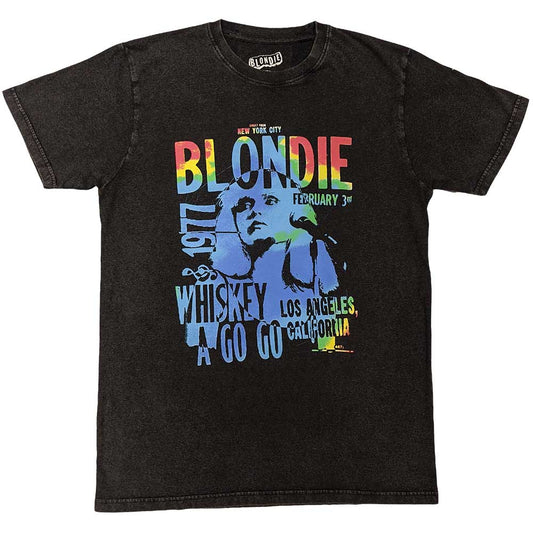 Black unisex t-shirt featuring a Blondie Whiskey A Go Go graphic print on front.