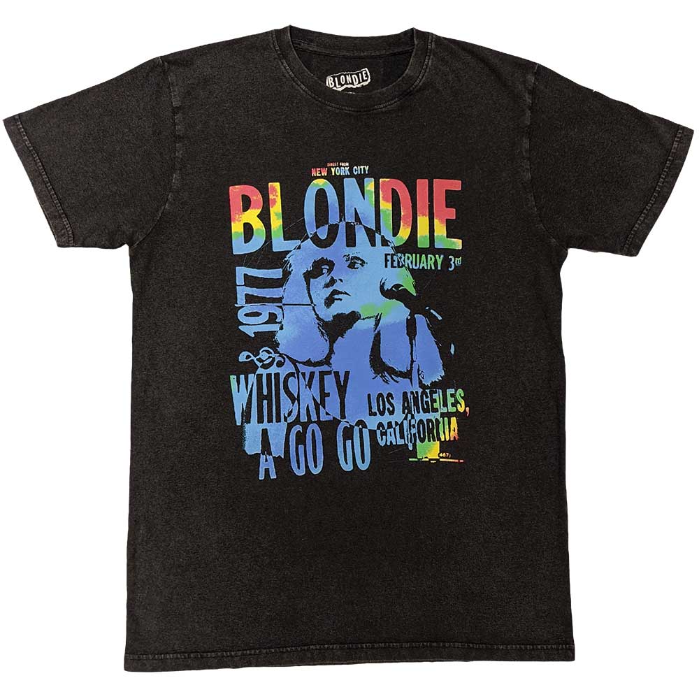 Black unisex t-shirt featuring a Blondie Whiskey A Go Go graphic print on front.