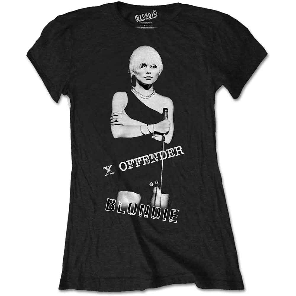 Black t-shirt with Blondie’s Debbie Harry image and “X Offender” text.