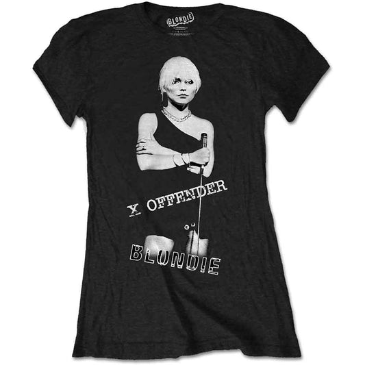 Black t-shirt with Blondie’s Debbie Harry image and “X Offender” text.
