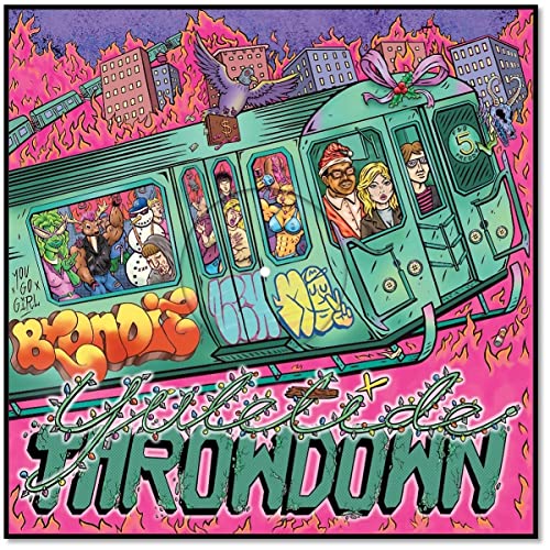 Illustrated subway car with diverse characters against a fiery pink and purple background.