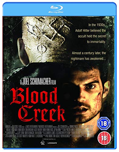 Blu-ray cover for Blood Creek featuring a man's face and a Nazi symbol.
