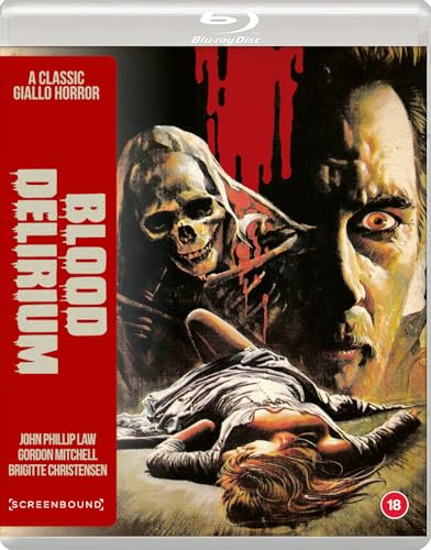 Blu-ray cover for horror film “Blood Delirium” with skull and distressed woman.
