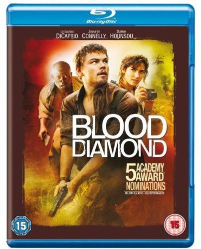 Blood Diamond" Blu-ray cover featuring Leonardo DiCaprio, Jennifer Connelly, and Djimon Hounsou.