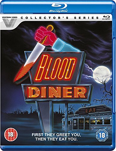 Blood Diner Blu-ray cover featuring a neon sign, a bloody knife, and a diner.