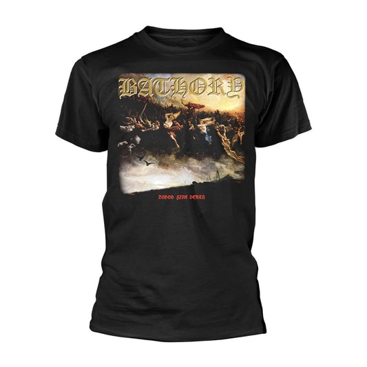 Black t-shirt with ornate, gothic-style "Bathory" band artwork on the front.