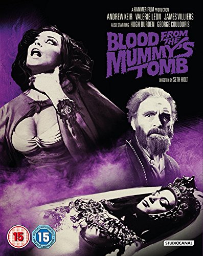 Blu-ray cover for Blood from the Mummy's Tomb featuring actors and a sarcophagus.