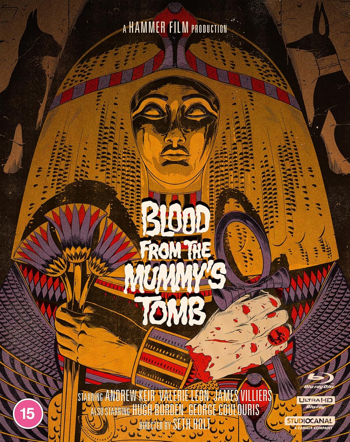 Illustrated Egyptian mummy poster with title Blood from the Mummy's Tomb and bloody hand.
