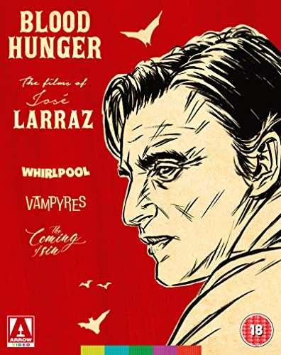 Red cover art for “Blood Hunger” Blu-ray featuring a sketched portrait of a man.